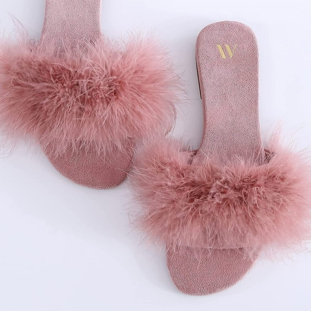 Mauve Pink Fuzzy Feather & Suede Memory Foam Slippers
